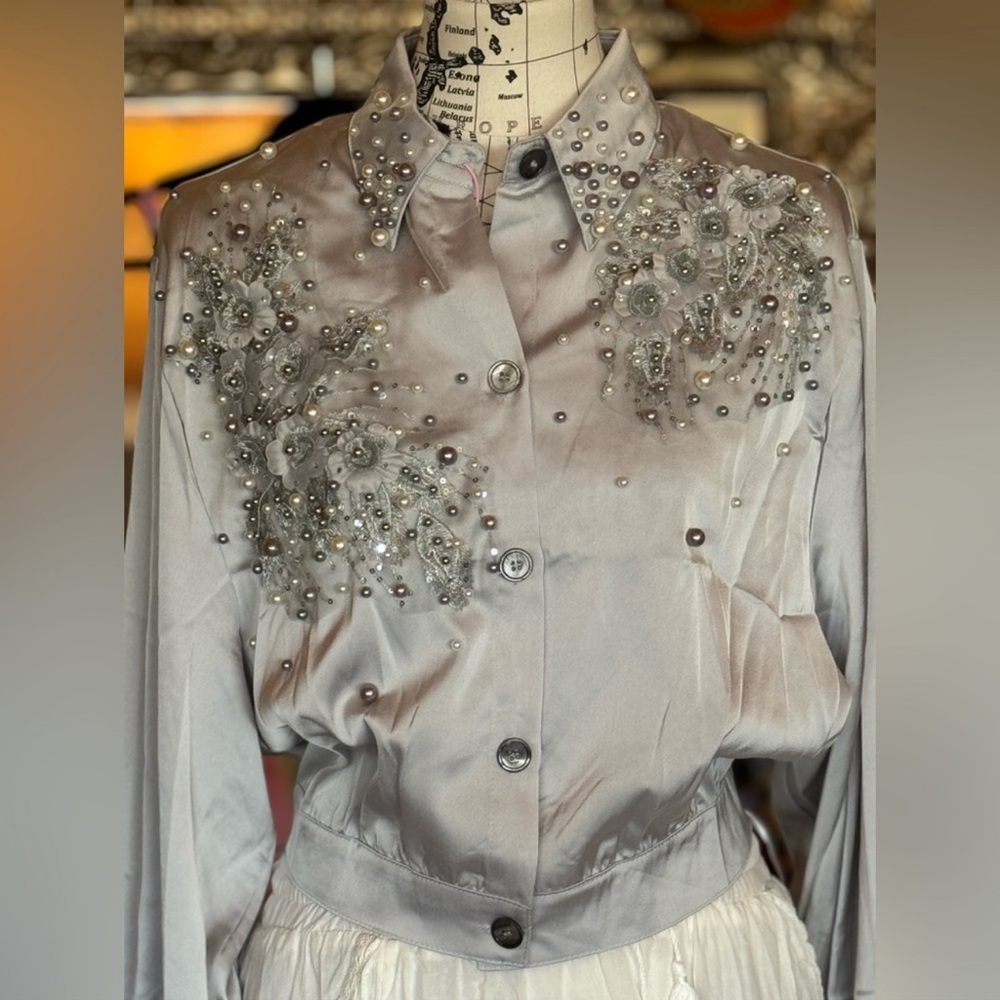 Silver Linings Multi Pearl 3D Floral Adorned Summer Bomber Jacket Top
$198